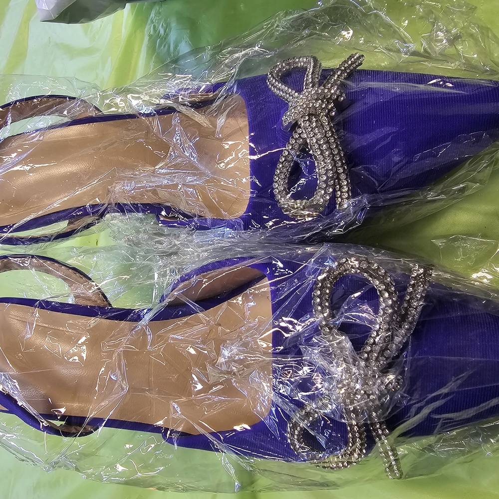 Elegant Purple and Silver Satin Heels with Intricate Embroidery